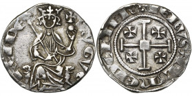 ROYAUME DE CHYPRE, Hugues IV (1324-1359), AR gros, Famagouste (?). D/ Le roi trônant de f. sur deux lions, ten. un sceptre et un gl. cr. Légende HVGVE...