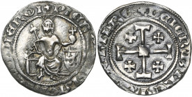 ROYAUME DE CHYPRE, Pierre II (1369-1382), AR gros, Nicosie. D/ Le roi trônant de f., ten. un sceptre fleurdelisé et un gl. cr. A d., son écu. R/ Croix...