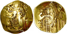 EMPIRE LATIN DE CONSTANTINOPLE, AV hyperpère. Imitation de l''hyperpère de Jean III de Nicée (1221-1254). D/ Le Christ trônant de f., bénissant et ten...