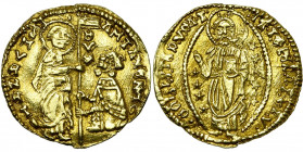 AV ducat. Imitation levantine du ducat vénitien d''Antonio Venier (1382-1400). D/ Le doge agenouillé, recevant une bannière de saint Marc. R/ Dans une...