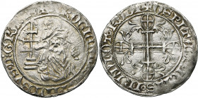 ORDRE DE SAINT-JEAN A RHODES, Roger de Pins (1355-1365), AR gigliat. 2e type. D/ Le grand maître agenouillé à g. devant une croix patriarcale. A d., u...