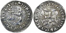 ORDRE DE SAINT-JEAN A RHODES, AR gigliat, 14e-15e s. Imitation. D/ Le grand maître agenouillé à g. devant une croix patriarcale. R/ Croix feuillue ave...