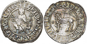 ARMENIE, Royaume, Levon Ier (1199-1226), AR double tram. D/ Le roi assis de f. sur un trône orné de lions, ten. une croix et une fleur de lis. R/ Lion...