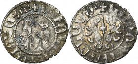 ARMENIE, Royaume, Levon Ier (1199-1226), AR tram de couronnement. Type aux deux lions. D/ La Vierge orante deb. de f., et le roi agenouillé à g. Raies...