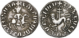 ARMENIE, Royaume, Levon II (1270-1289), AR tram. D/ Le roi à cheval à d., ten. une croix patriarcale. Dans le champ à g., une étoile. R/ Lion couronné...