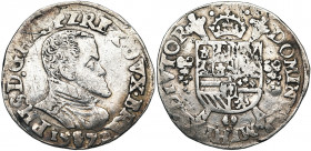 BRABANT, Duché, Philippe II (1555-1598), AR cinquième d''écu Philippe, 1572, Anvers. D/ B. cuir. à d. R/ Ecu couronné sur une croix de Bourgogne, entr...