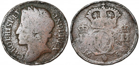 BRABANT, Duché, Charles II (1665-1700), Cu liard, 1688, Bruxelles. Nouveau type. Frappe d''essai au balancier. D/ T. l. à g. R/ Monogramme couronné en...