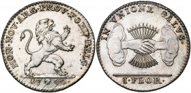BRABANT, Duché, Etats-Belgiques-Unis (1790), AR florin, 1790, Bruxelles. Premier type. D/ Lion deb. à d. R/ Deux mains serrées sortant des nuées, ten....