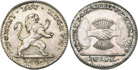 BRABANT, Duché, Etats-Belgiques-Unis (1790), AR florin, 1790, Bruxelles. Deuxième type. D/ Lion deb. à d. R/ Deux mains serrées sortant des nuées, ten...