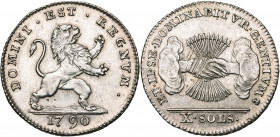 BRABANT, Duché, Etats-Belgiques-Unis (1790), AR 10 sols, 1790, Bruxelles. Deuxième type. D/ Lion deb. à d. R/ Deux mains serrées sortant des nuées, te...