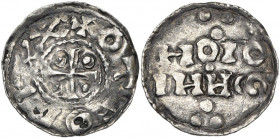 HUY, atelier royal, AR denier. Au titre d''Otton Ier (936-962). D/ + OTTO REXX Croix cantonnée de quatre globules. R/ En deux lignes: HOIO/ I CO (Ho...