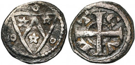 VLAANDEREN, Graafschap, AR kleine denarius, 1253-1300, Kortrijk. Vz/ Gekeperd wapenschild met in de hoeken drie roosjes. In het veld drie ringetjes. K...