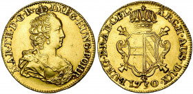 VLAANDEREN, Graafschap, Maria Theresia (1740-1780), AV dubbele souverein, 1750, Brugge. Vz/ Gekroond bb. r. Kz/ Gekroond wapenschild op een Bourgondis...