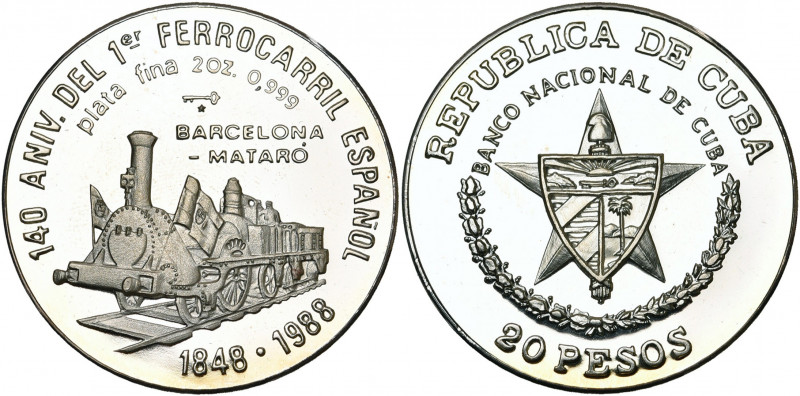 CUBA, République (1902-), AR 20 pesos (2 oz), 1988. 140 ans de la ligne ferrovia...