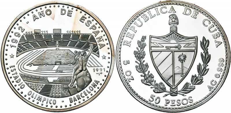 CUBA, République (1902-), AR 50 pesos (5 oz), 1991. Stade Olympique de Barcelone...