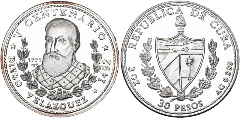 CUBA, République (1902-), AR 30 pesos (3 oz), 1991. Diego Velazquez. 1000 p. fra...