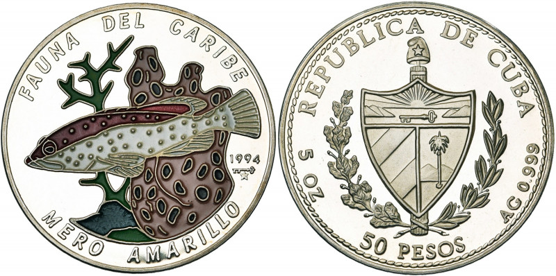 CUBA, République (1902-), AR 50 pesos (5 oz), 1994. Mérou. 2500 p. frappées. K.M...