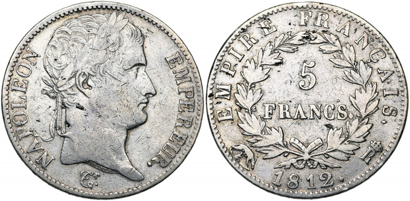 FRANCE, Napoléon Ier (1804-1814), AR 5 francs, 1812R couronné, Rome. Gad. 584. R...