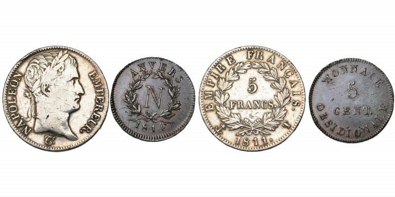 FRANCE, Napoléon Ier (1804-1814), lot de 2 p.: 5 francs, 1811T, Nantes (Beau à T...