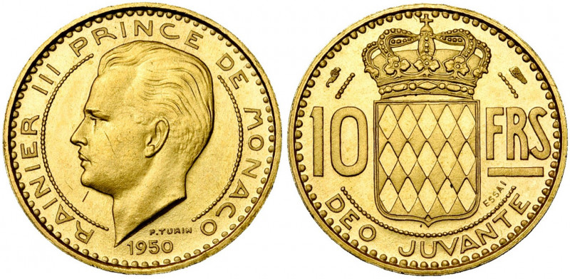 MONACO, Rainier III (1949-2005), 10 francs, 1950. Essai en or (500 p. frappées)....