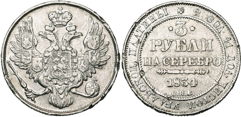 RUSSIE, Nicolas Ier (1825-1855), 3 roubles de platine, 1834, Saint-Pétersbourg. ...