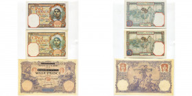 ALGERIE, lot de 4 billets: 1000 francs, 8.7.1892 (sur 100 francs); 5 francs, 12.8.1926 et 18.9.1941 (annotés au crayon). Pick 31, 77a, 77b.
Superbe