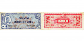 ALLEMAGNE, Occupation alliée, 20 Mark, s.d. (1948). 2e émission. Pick 9a. Rare Taches. Traces de plis.
Beau à Très Beau