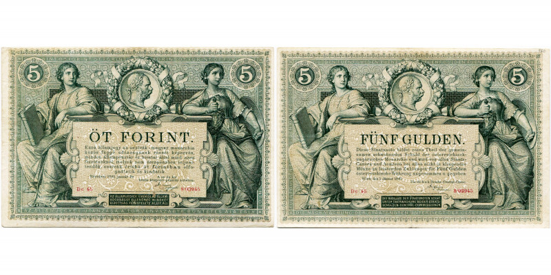 AUTRICHE-HONGRIE, 5 Gulden/ Öt Forint, 1.1.1881. Pick A154. Rare Légèrement corn...