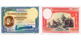 ESPAGNE, lot de 2 billets: 500 pesetas, 7.1.1935 (rare, légèrement corné); 25 pesetas, 31.8.1936 (1938). Pick 87b, 89. Annotés au crayon dans un coin....