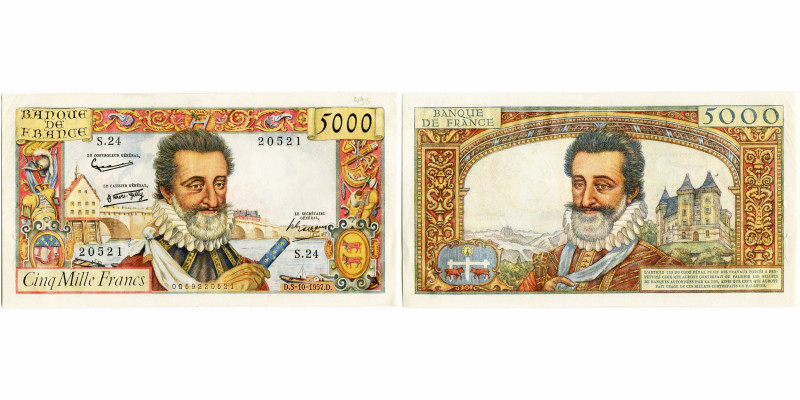 FRANCE, 5000 francs, 3.10.1957. Henri IV. Pick 135. Rare Légèrement corné. Trous...