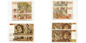 FRANCE, lot de 4 billets fautés: 100 francs 1946 (2, avec filigrane décalé), 100 francs 1980 (rouge décalé) et 1985 (un coin mal coupé). Annotés au cr...