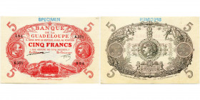 GUADELOUPE, Banque de la Guadeloupe, 5 francs, 1901 (1944). Estampillé "Specimen" à l''encre bleue. Pick 7d. Légèrement corné. Trace de pli et trous d...