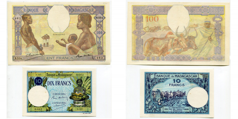 MADAGASCAR, lot de 2 billets: 100 francs, s.d. (1937, annoté au crayon dans un c...