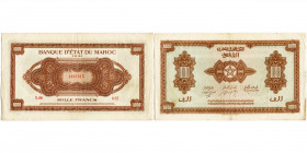 MAROC, Banque d''Etat du Maroc, 1000 francs, 1.8.43. Pick 28a. Petites taches. Traces de plis.
Très Beau