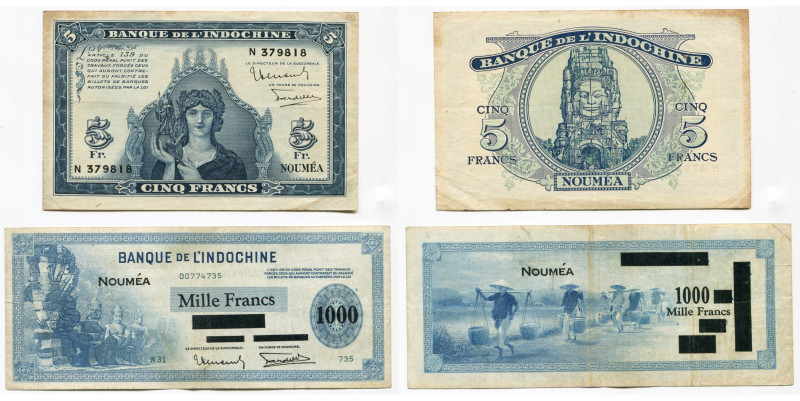 NOUVELLE-CALEDONIE, Banque de l''Indochine, lot de 2 billets: 5 francs et 1000 f...