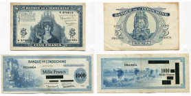 NOUVELLE-CALEDONIE, Banque de l''Indochine, lot de 2 billets: 5 francs et 1000 francs s.d. (1944). Pick 47b, 48. Traces de plis.
Beau à Très Beau