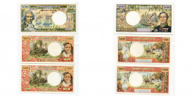 NOUVELLE-CALEDONIE, Institut d''Emission d''Outre-Mer, lot de 3 billets: 1000 francs, s.d. (1971, 2); 5000 francs s.d. (1982-1984). Pick 64a, 65c. Ann...