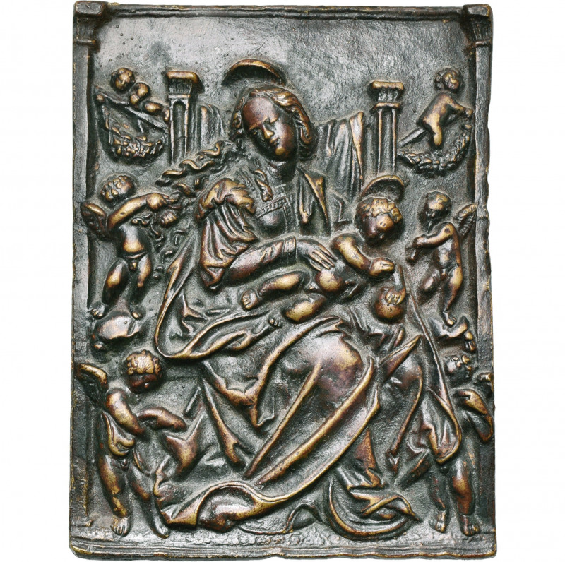 ALLEMAGNE, AE plaquette, 15e/16e s. D/ La Vierge à l''Enfant trônant de f., ento...