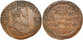 PAYS-BAS MERIDIONAUX, Cu jeton, 1559, Dordrecht. Paix de Cateau-Cambrésis. D/ PACE- TANDE-M CONF-ECTA B. cuir. de Philippe II à d., entre les écus de ...
