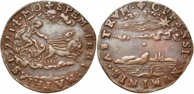 PAYS-BAS MERIDIONAUX, Cu jeton, 1577, Bruges. Arrivée de l''archiduc Mathias. D/ SPEM FERT MATHIAS 1577 14 NO L''archiduc conduisant un quadrige à d. ...