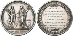 BELGIQUE, Occupation française, AR médaille, an 12, Duvivier. Encouragements et récompenses à l''Industrie pour la ville de Gand. D/ Mercure ten. un c...