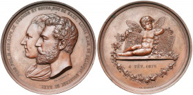 BELGIQUE, AE médaille, 1875, Geerts. Noces de Ferdinand de Saxe-Cobourg-Gotha, duc de Saxe, et de Louise de Belgique. D/ T. accolées des époux à g. R/...