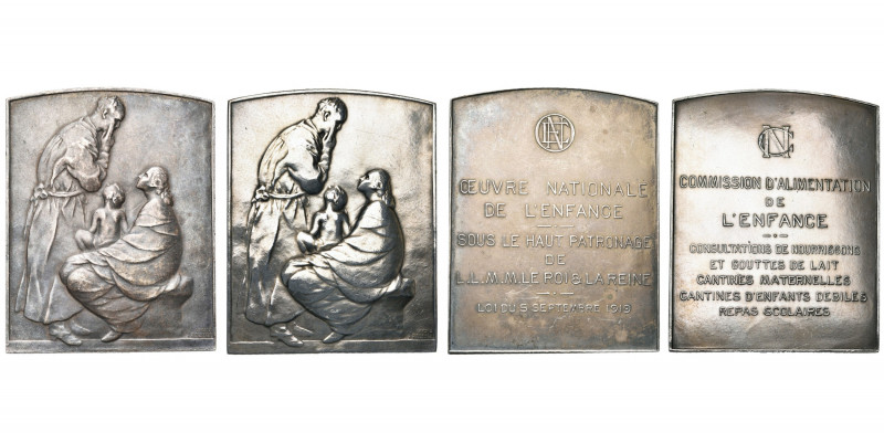 BELGIQUE, lot de 2 médailles par Rousseau: 1919, Oeuvre nationale de l''Enfance ...