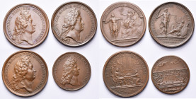FRANCE, lot de 4 médailles: 1668, Mauger, Paix d''Aix-la-Chapelle; 1675, Mauger, Campagne de Catalogne; 1687, Mauger, Festin à l''Hôtel de ville à Par...