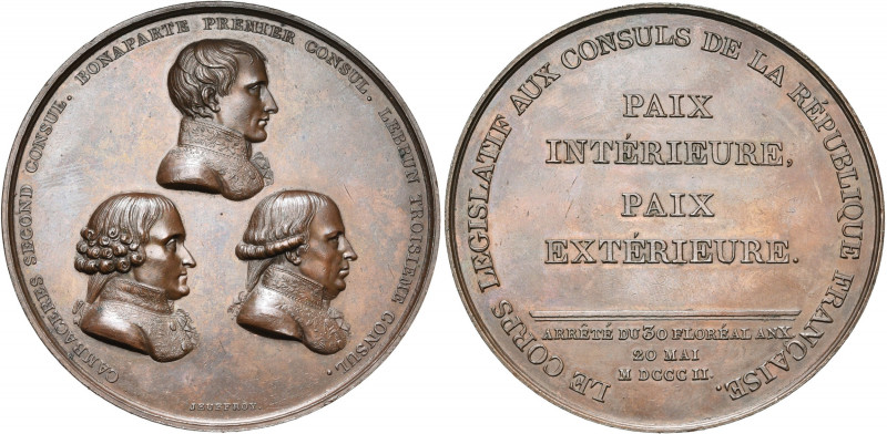 FRANCE, AE médaille, 1802, Jeuffroy. Paix d''Amiens. D/ B. à d. des trois consul...