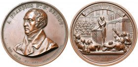FRANCE, AE médaille, 1844, Feuchère. L''historien François Guizot. D/ B. à g. R/ Guizot à la Chambre des Députés, réclamant l''abolition de l''esclava...