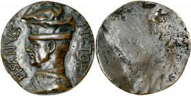 ITALIE, AE médaille, s.d. (avant 1443), attribuée à A. Marescotti. Antonio Pisano, dit Pisanello. D/ PISANVS PICTOR B. à g., coiffé d''un chapeau. Arm...