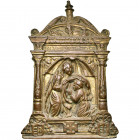 ITALIE, plaquette en bronze, représentant la Vierge entourant un orant de son voile dans un portique orné. Uniface, 177 x 119 mm, avec applique au rev...