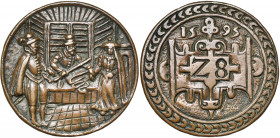 PAYS-BAS SEPTENTRIONAUX, Middelbourg, AE méreau, 1595. Méreau de la gilde des marchands de draps (wollenlakenkopers en snijders). D/ Une dame et un ge...