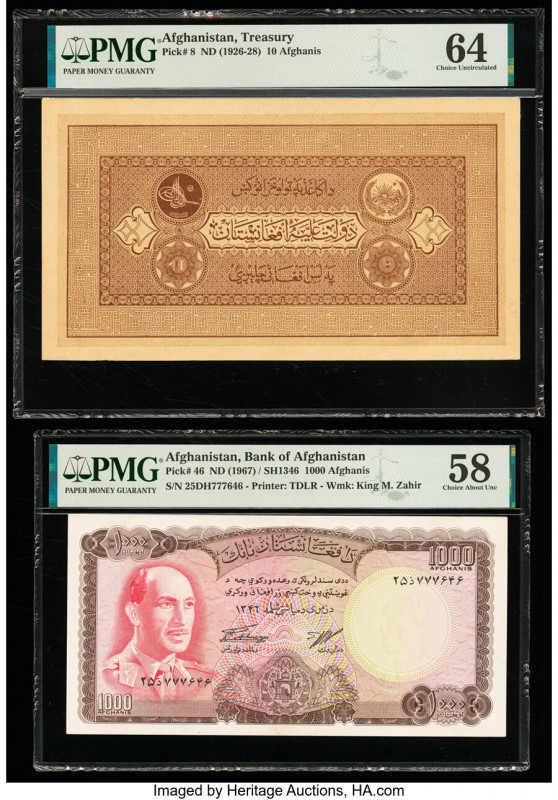 Afghanistan Treasury 10; 1000 Afghanis ND (1926-28); (1967) Pick 8; 46 Two Examp...
